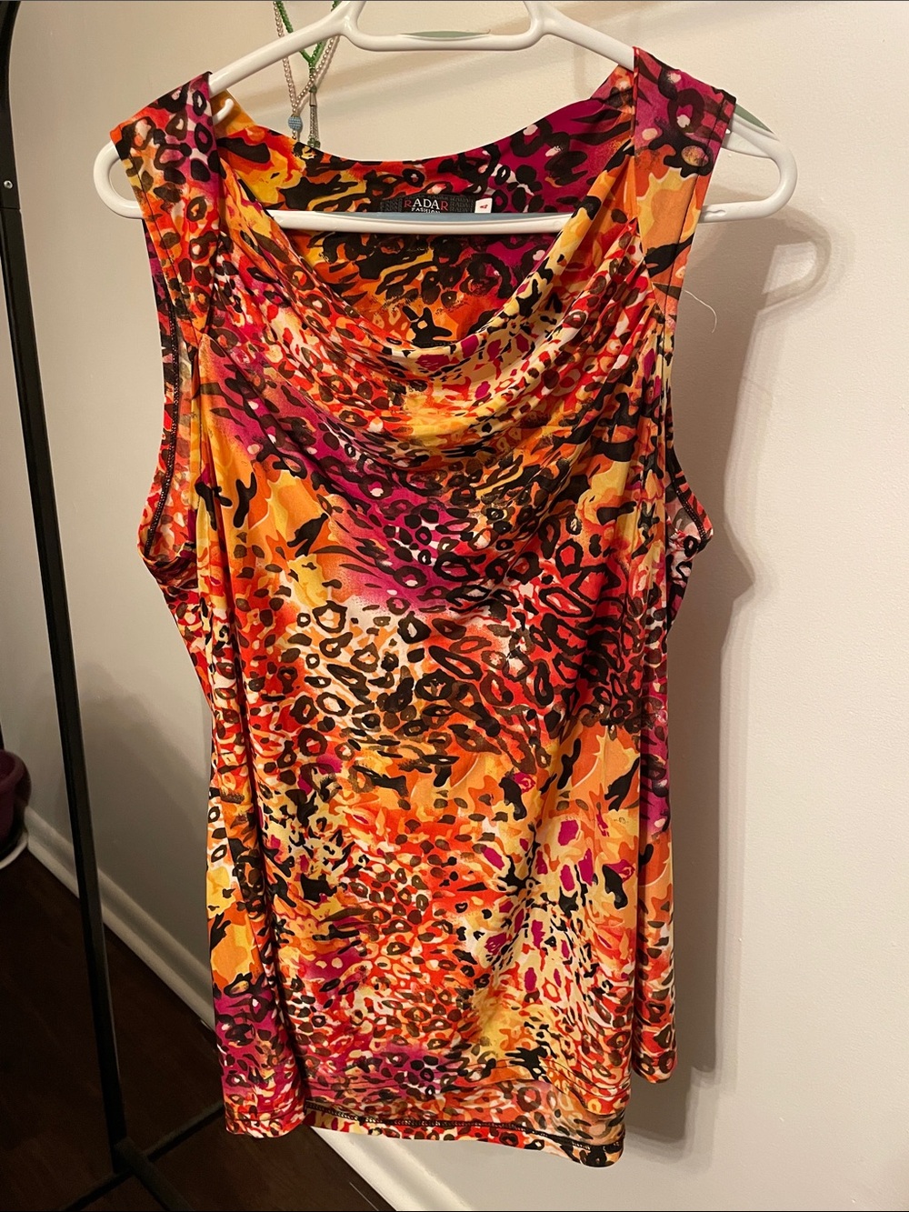 RADAR Sleeveless Cowl Neck Animal Print Top — Orange, Pink & Black